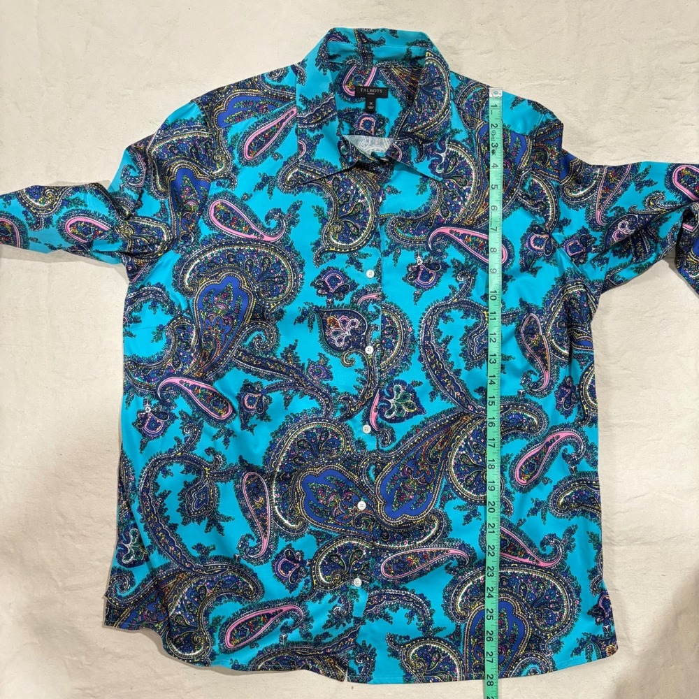 Talbots NWOT 1X Turquoise Blue Paisley Cotton Stretch Button Down Shirt Blouse - Picture 7 of 7